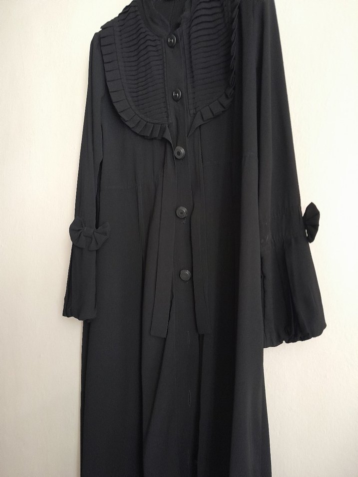 Kadın Siyah Uzun Keten Goth Düğmeli Kaban - Görsel 2