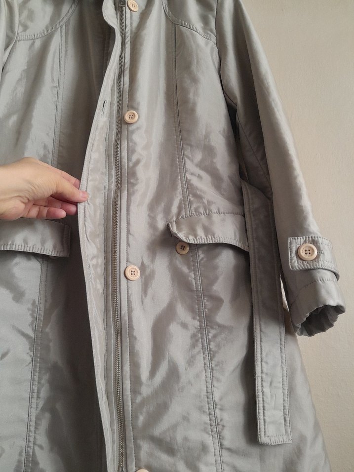 Gri Midi Boy Düğmeli Kadın Kapitone Kaban - Görsel 3