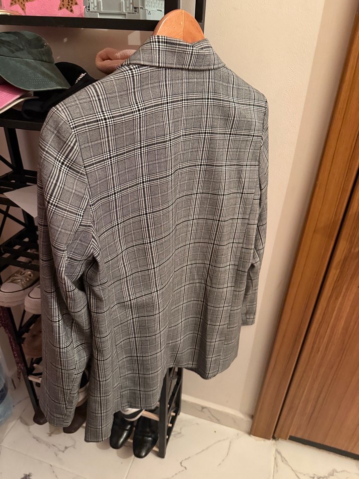 Gri Ekose Desenli Kadın Blazer Ceket - Görsel 3
