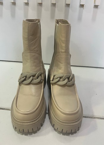 Mammamia Bej Deri Kadın Bot, Kalın Topuklu, Kemer Detaylı - Görsel 2