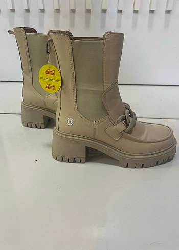 Mammamia Bej Deri Kadın Bot, Kalın Topuklu, Kemer Detaylı - Görsel 3