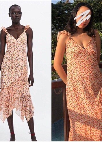 Zara Çiçek Desenli Fırfırlı Midi Elbise