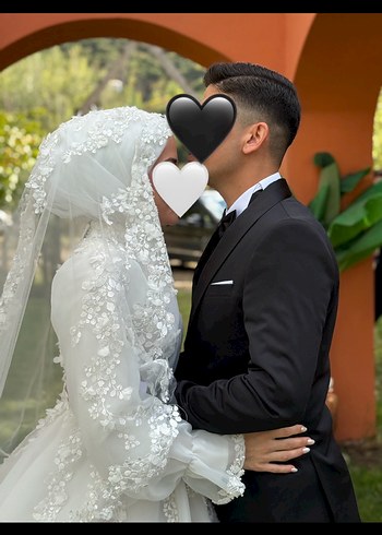 Uzun Kollu Beyaz A Kesim Tesettür Gelinlik - Görsel 4