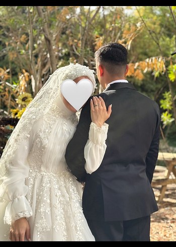 Uzun Kollu Beyaz A Kesim Tesettür Gelinlik - Görsel 5