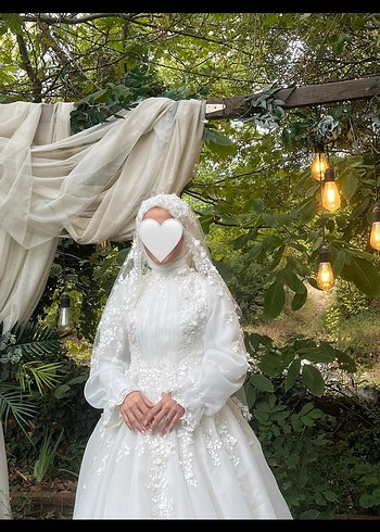 Uzun Kollu Beyaz A Kesim Tesettür Gelinlik - Görsel 2