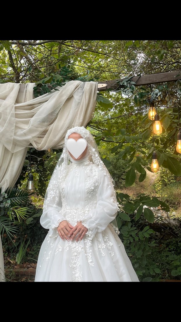 Uzun Kollu Beyaz A Kesim Tesettür Gelinlik - Görsel 2