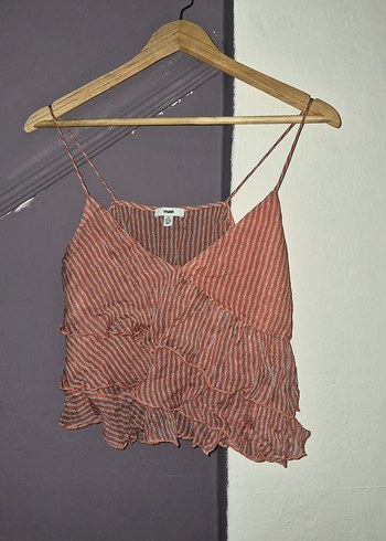 Mavi Çizgili turuncu ı Pilili Askılı Mini Crop Top