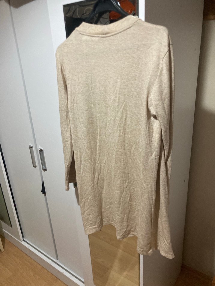 Bej Uzun Kollu Midi Keten Hırka - Görsel 4