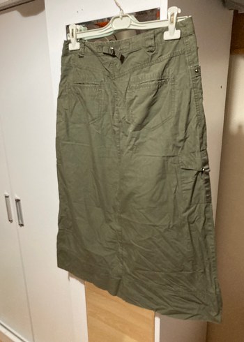 Kemerli Haki Midi Keten Etek - Görsel 5