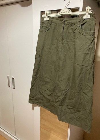 Kemerli Haki Midi Keten Etek - Görsel 3