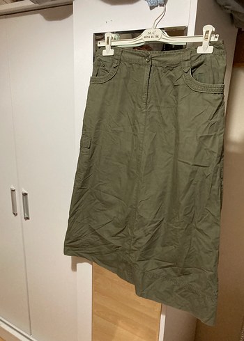 Kemerli Haki Midi Keten Etek - Görsel 4