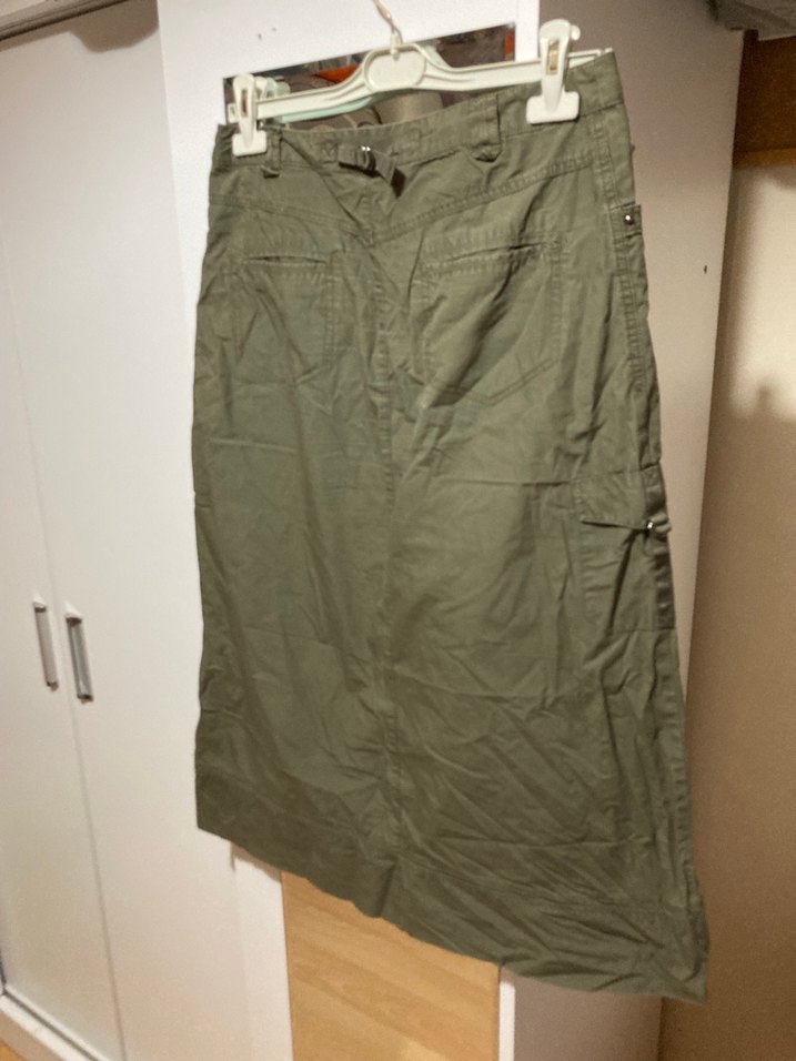 Kemerli Haki Midi Keten Etek - Görsel 5