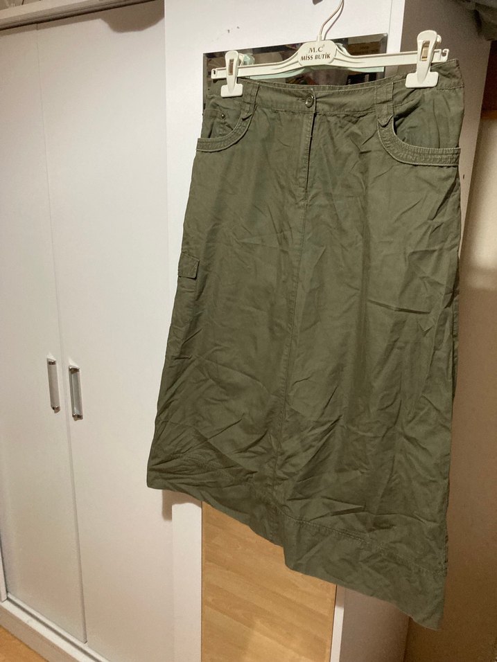 Kemerli Haki Midi Keten Etek - Görsel 3