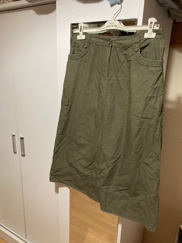 Kemerli Haki Midi Keten Etek - Görsel 4