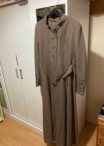 Bej Kemerli Uzun Keten Kadın Kaban - Görsel 2