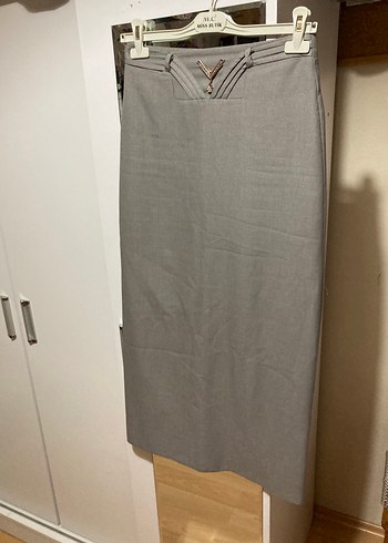 Gri Kemerli Uzun Keten Kadın Etek - Görsel 3