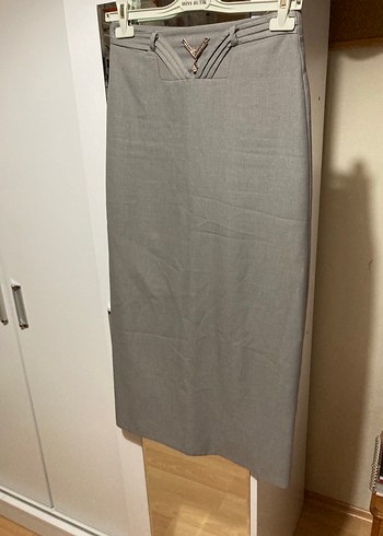 Gri Kemerli Uzun Keten Kadın Etek - Görsel 4