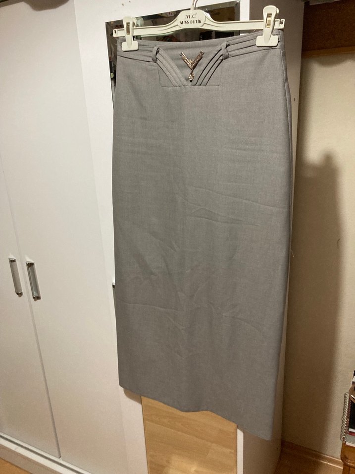 Gri Kemerli Uzun Keten Kadın Etek - Görsel 3