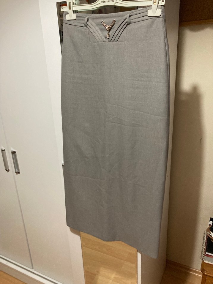 Gri Kemerli Uzun Keten Kadın Etek - Görsel 4