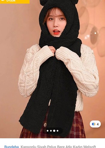 Kapüşonlu Siyah Peluş Bere Atkı - Görsel 3