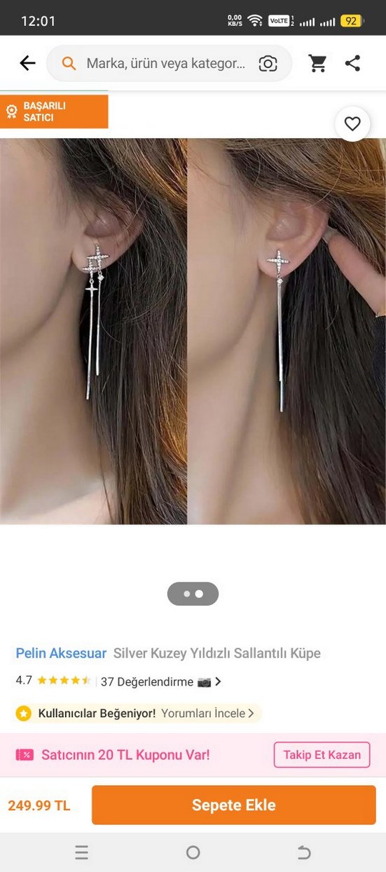 Gri Püsküllü Minimalist Gotik Küpe - Görsel 2