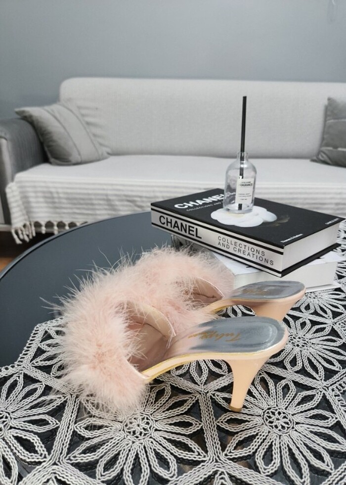 Kadın Pudra Tüylü Topuklu Gelin Terliği - Görsel 2