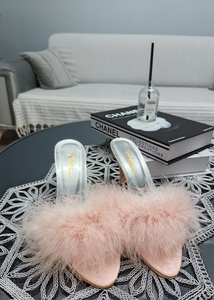 Kadın Pudra Tüylü Topuklu Gelin Terliği - Görsel 3