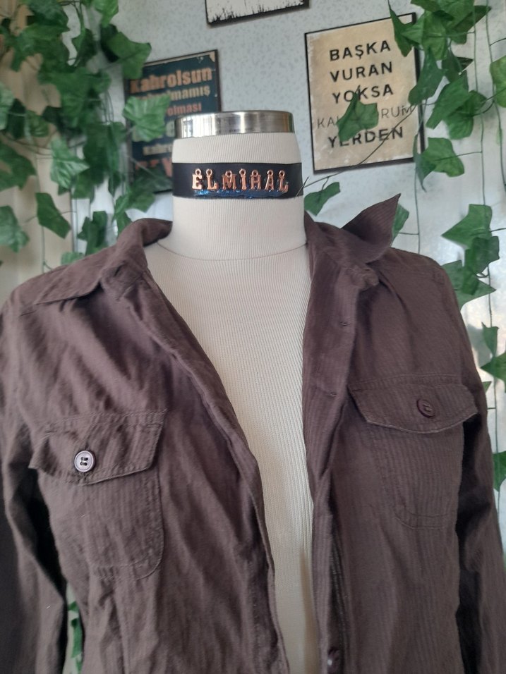 Düğmeli Kahverengi Keten Kadın Gömlek - Görsel 2