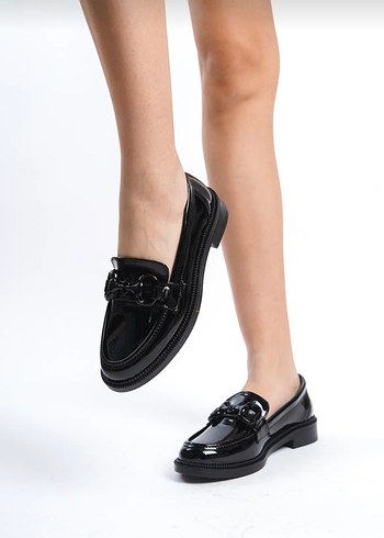 Diğer Parlak Siyah Yılan Desen Loafer Casual Tokalı Klasik Ayakkabı