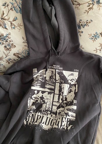 Kapüşonlu Gri Baskılı Oversize Kadın Sweatshirt