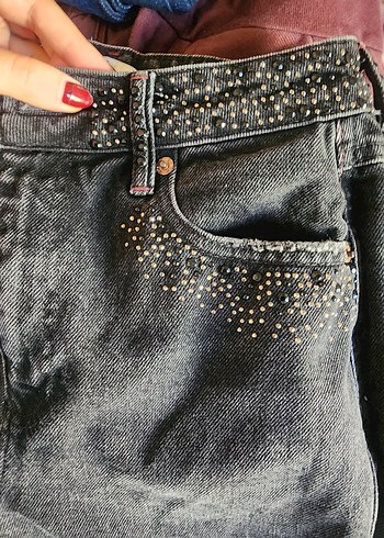 Tokalı Siyah Desenli Kadın Kot Pantolon - Görsel 2