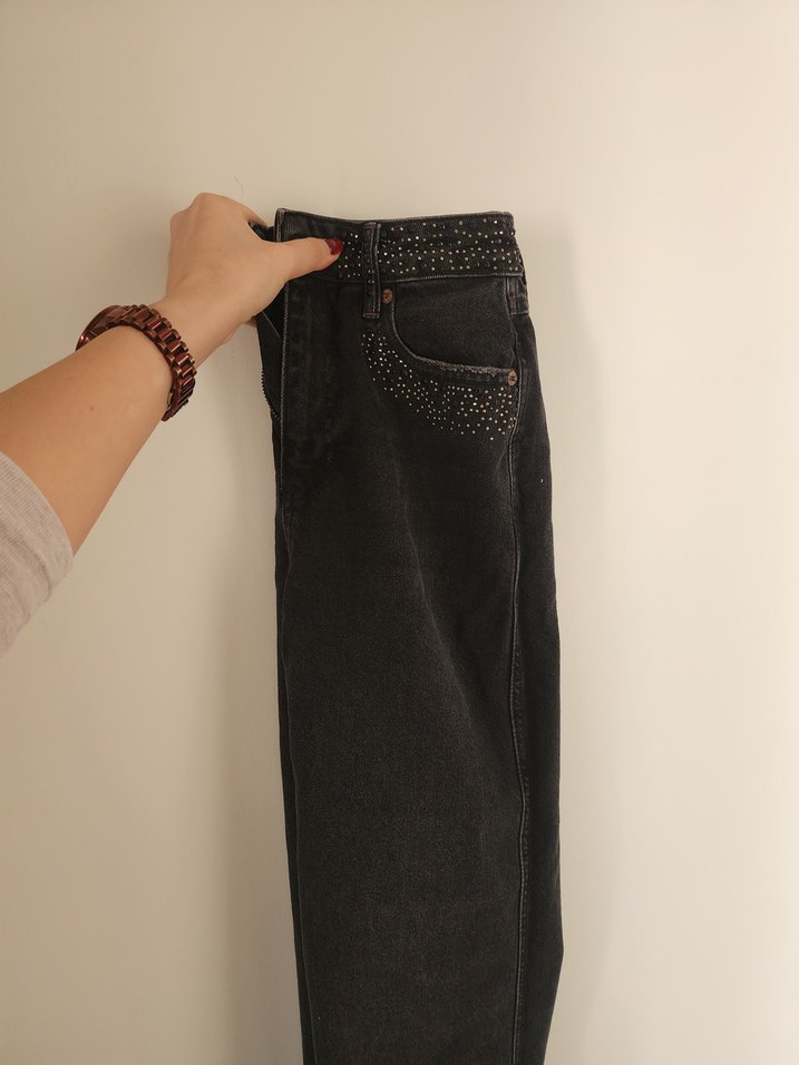 Tokalı Siyah Desenli Kadın Kot Pantolon - Görsel 3