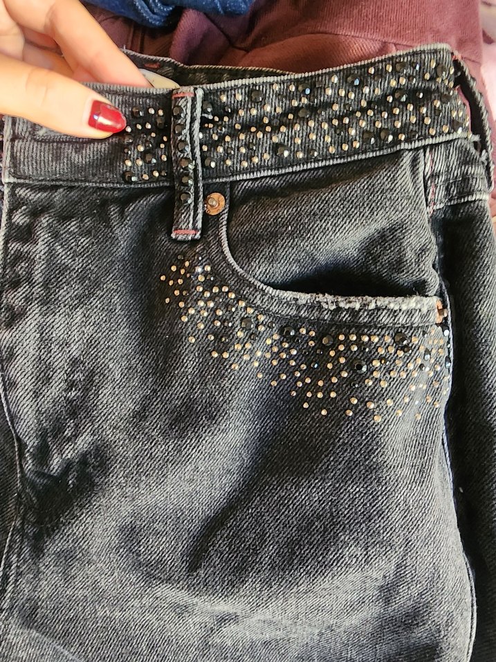 Tokalı Siyah Desenli Kadın Kot Pantolon - Görsel 2