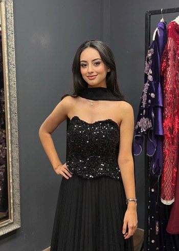 Siyah Straplez Uzun Abiye Elbise - Görsel 3