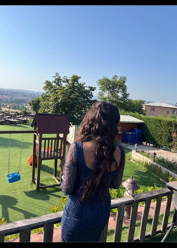 Lacivert simli elbise - Görsel 5