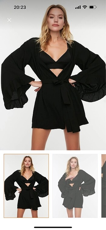 Siyah kuşaklı mini plaj kimono