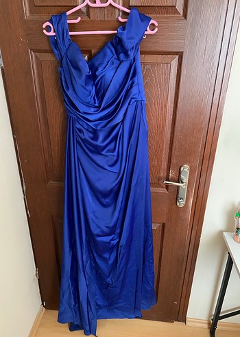 Parlak Lacivert Drapeli Uzun Abiye Elbise - Görsel 4