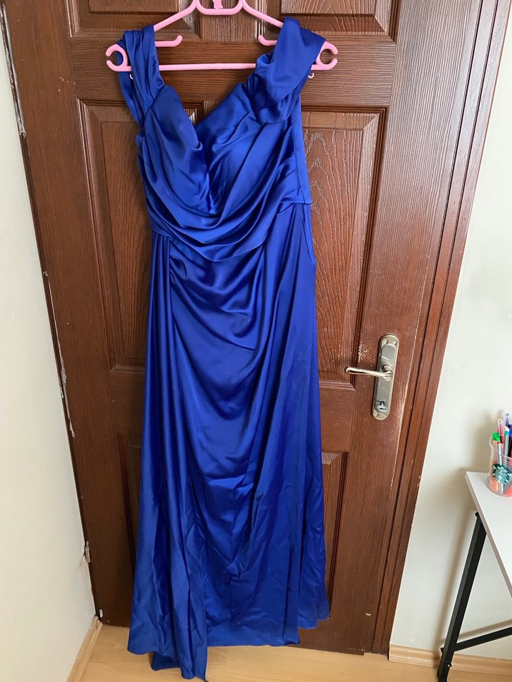 Parlak Lacivert Drapeli Uzun Abiye Elbise - Görsel 3