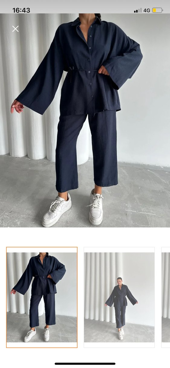 Lacivert beli bağlama ipli geniş kol gömlek pantolon takım - Görsel 2