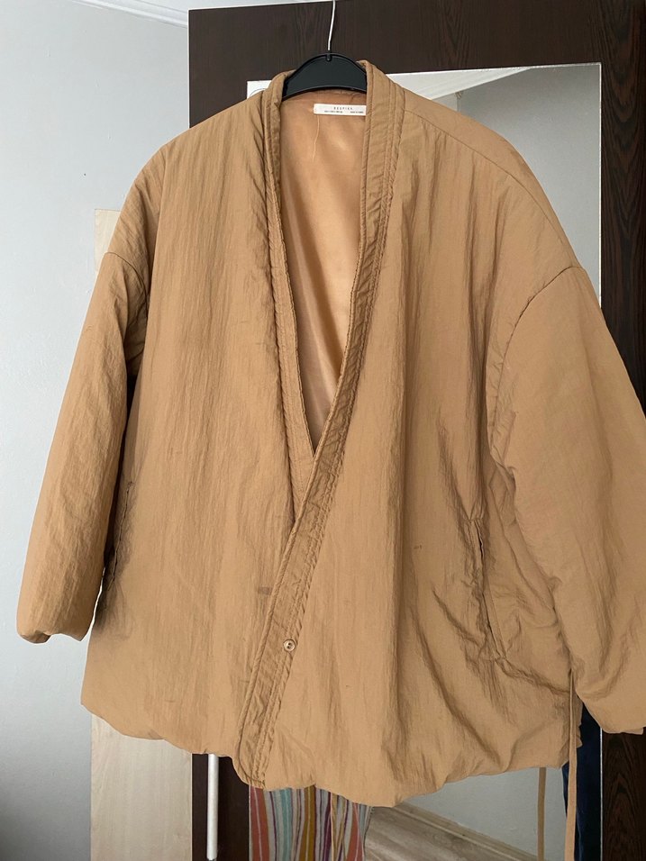 Kadın kahve Keten Kuşaklı Kimono - Görsel 2