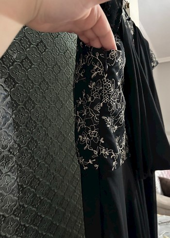 Nakışlı V Yaka Siyah Uzun Abiye Elbise - Görsel 4