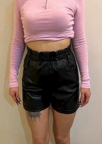 Siyah Deri Kadın Mini Şort - Görsel 11