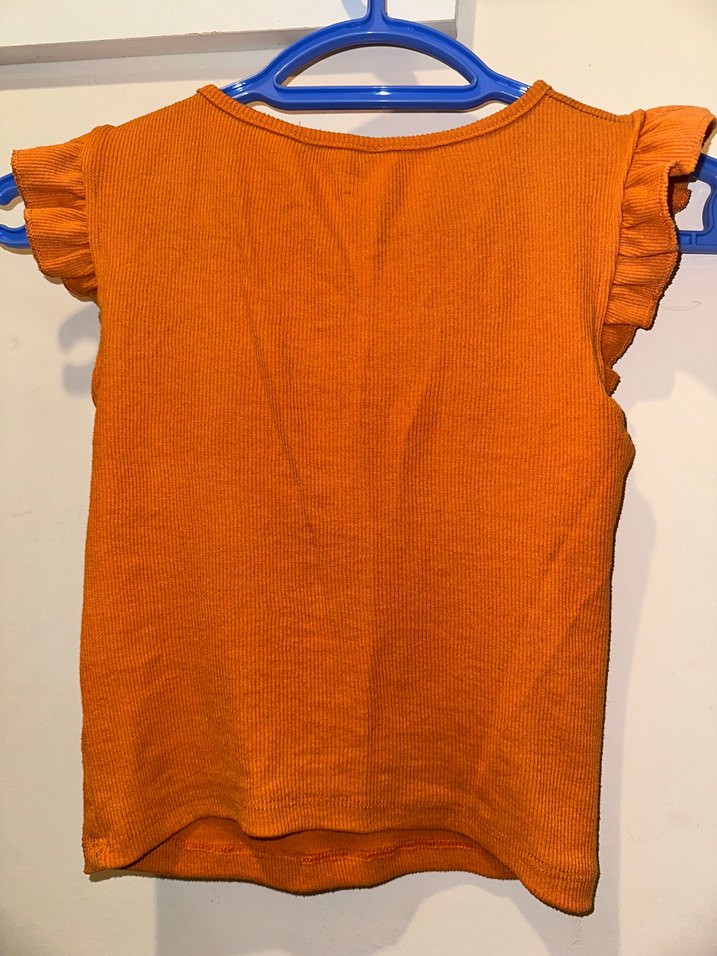 Kız Çocuk Turuncu Keten Kolsuz Fırfırlı Tişört - Görsel 2