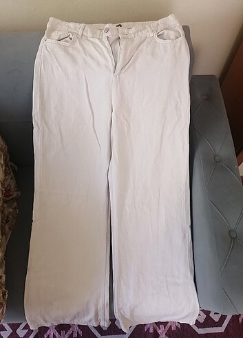Diğer Krem renkli yüksek bel bol paça kot pantolon