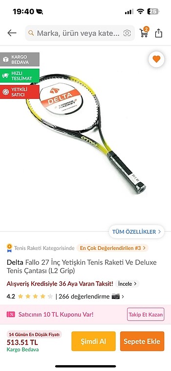 diğer Beden sarı Renk Delta 27inç Tenis Raketi