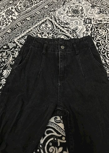 Düğmeli Siyah Baggy Denim Pantolon