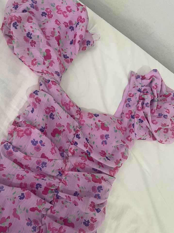 Pembe V Yaka Midi Bohem Elbise - Görsel 4