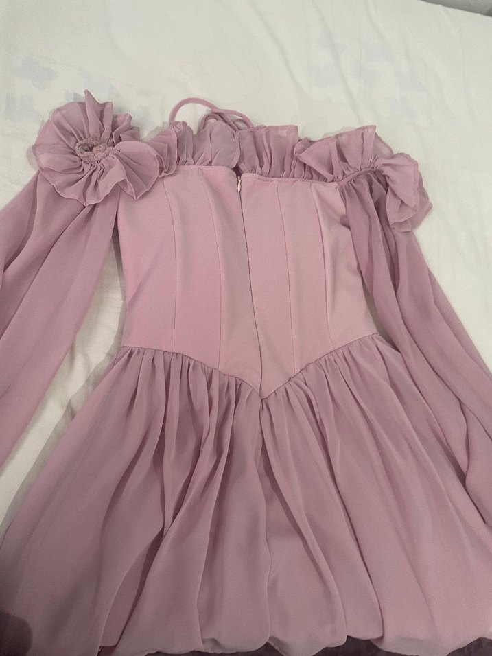 Pudra Pembe Straplez Uzun Kollu Midi Elbise - Görsel 5