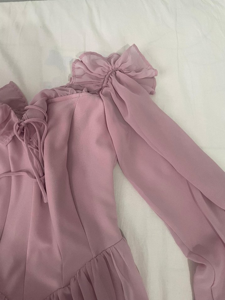 Pudra Pembe Straplez Uzun Kollu Midi Elbise - Görsel 4