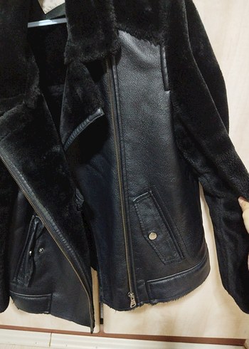 Kürklü Siyah Süet Biker Ceket - Görsel 3